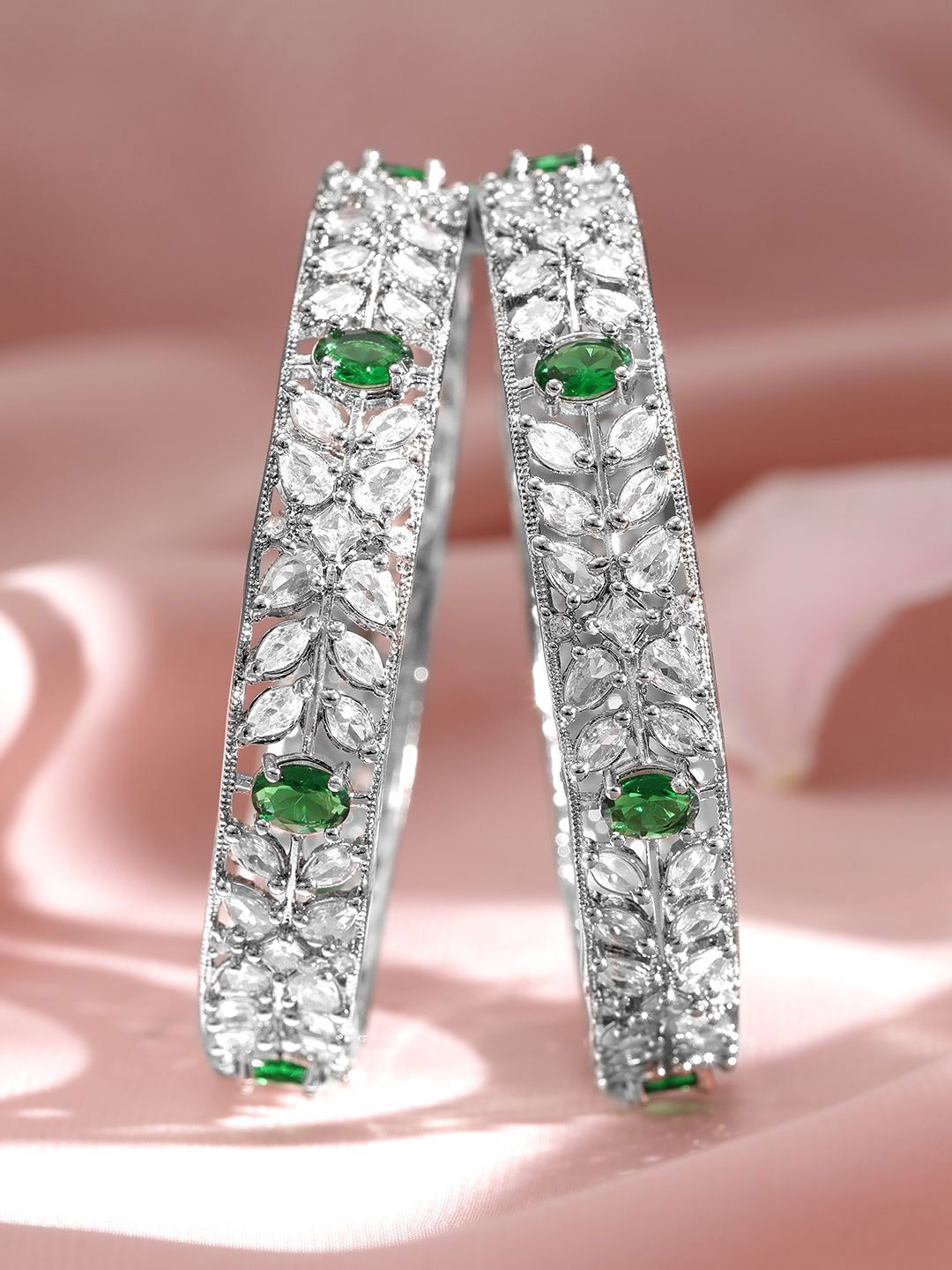Rubans Set 2 Rhodium-Plated Emerald Green Gemstone & Cubic Zirconia Studded Bangles