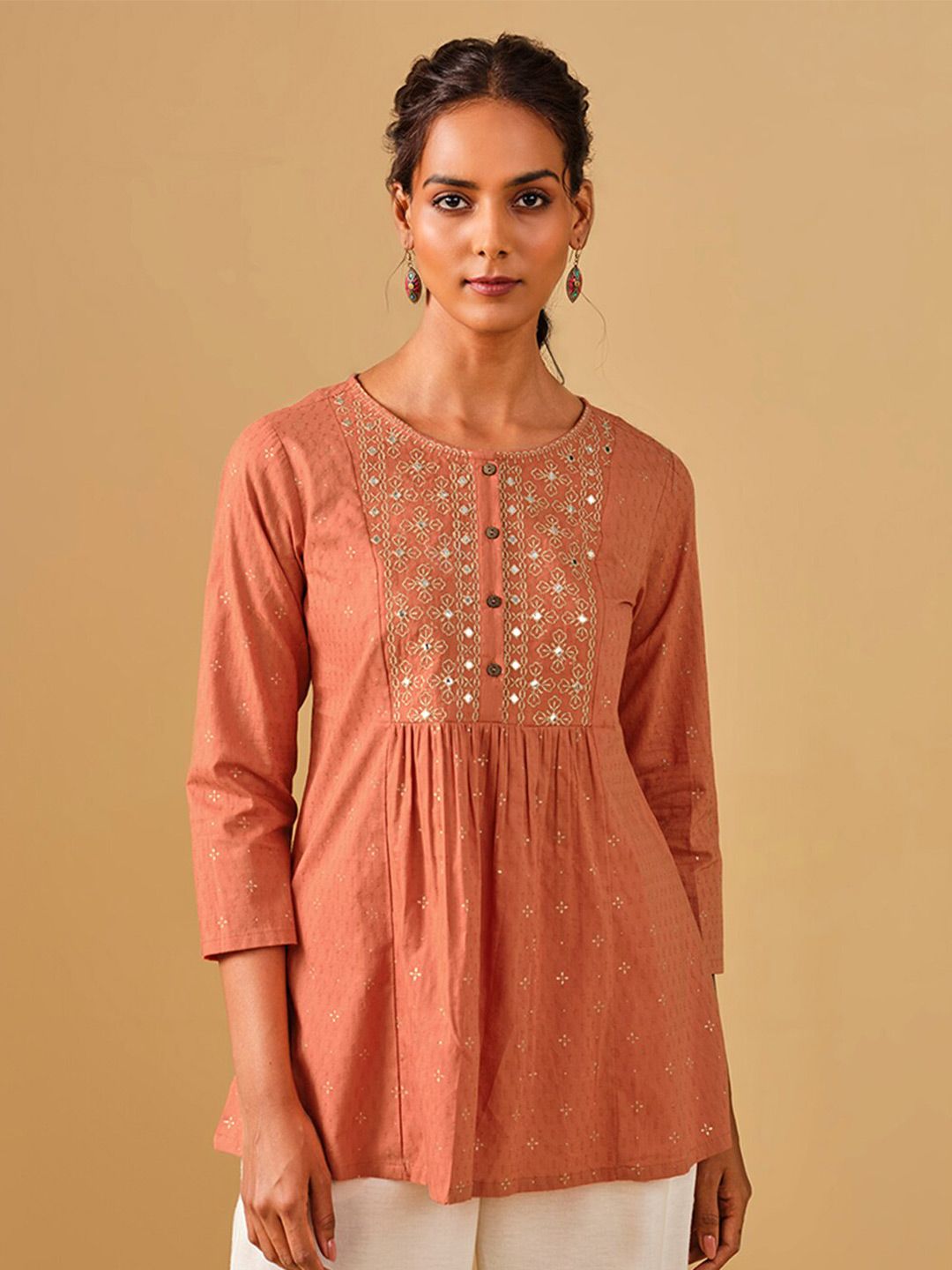 Global Desi Printed Round Neck Pure Cotton Empire Top