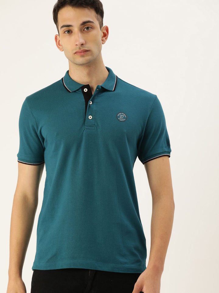 Being Human Clothing Men Teal Blue Solid Polo Collar Pure Cotton T-shirt with Tipping Detail