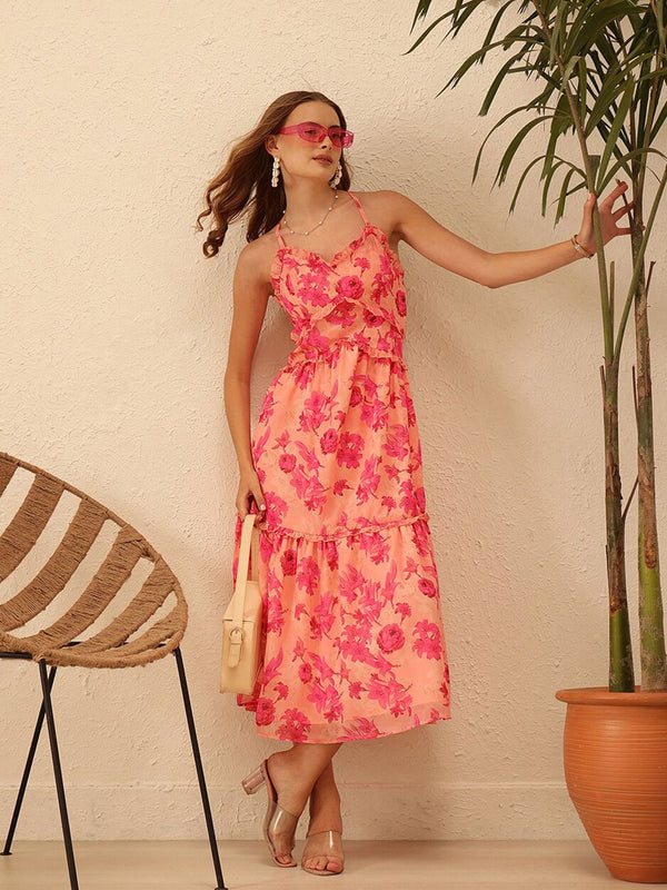 Street 9 Floral Printed Should Tali Georgette Maxi Dress