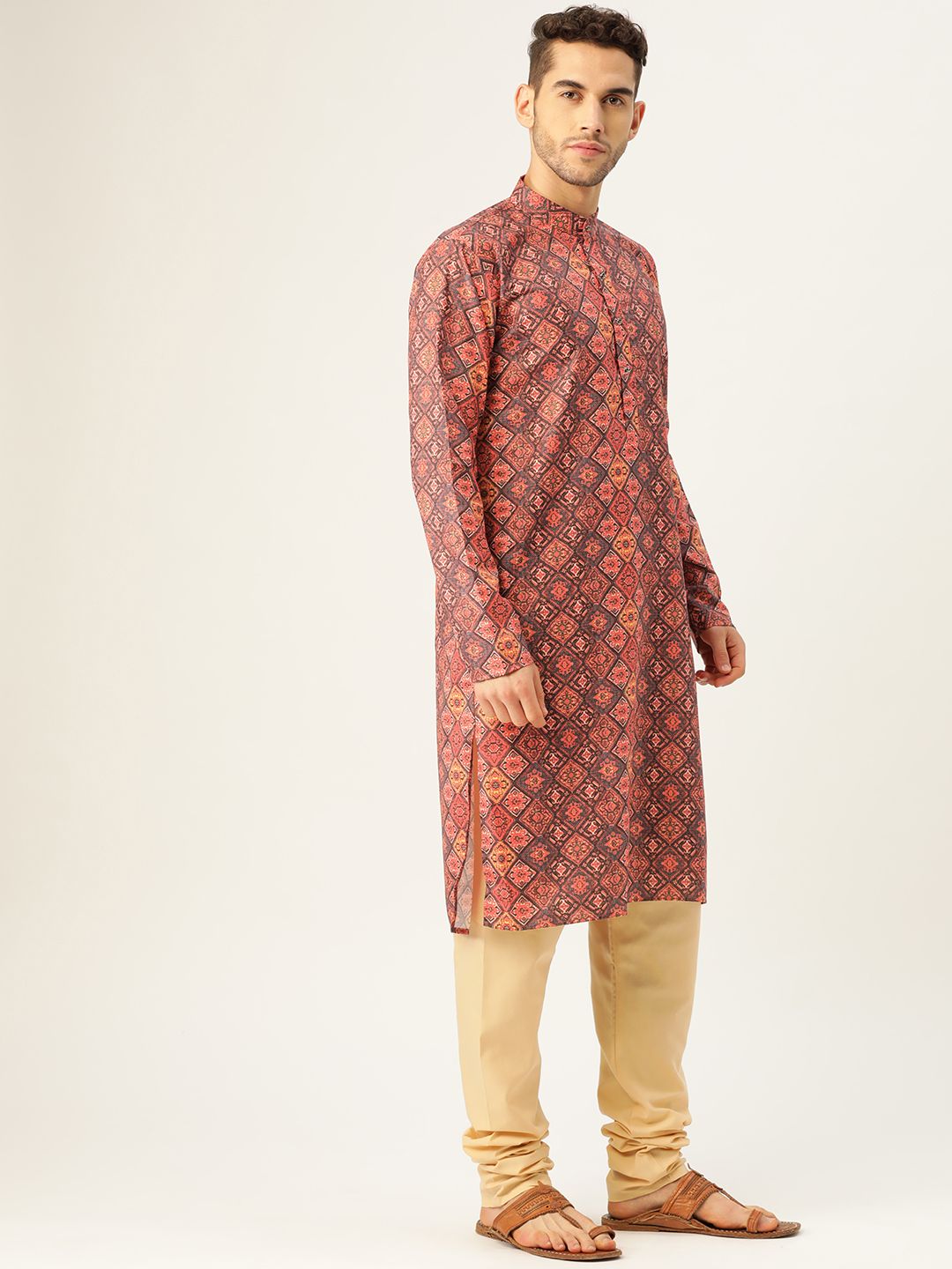 SOJANYA Lelaki Rust Orange & Black Printed Straight Kurta