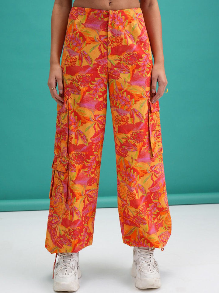 Tokyo Talkies Women Orange Floral Printed Cotton Mid-Rise Joggers Trouser