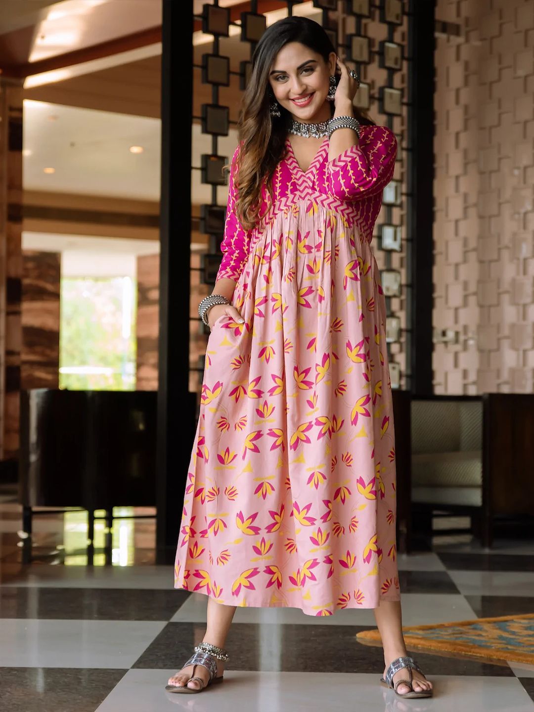 Rustorange Pink Floral A-Line Dress