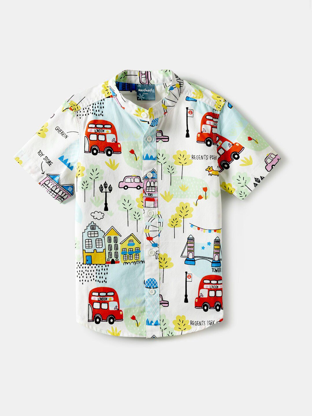 Nauti Nati Boys Conversational Printed Mandarin Collar Pure Cotton Shirt With Shorts