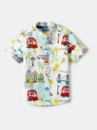 Nauti Nati Boys Conversational Printed Mandarin Collar Pure Cotton Shirt With Shorts