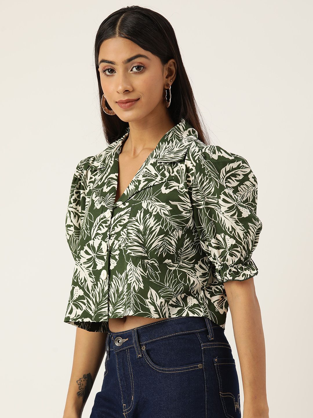 Antheaa Women Floral Lapel Copper Crop Shirt
