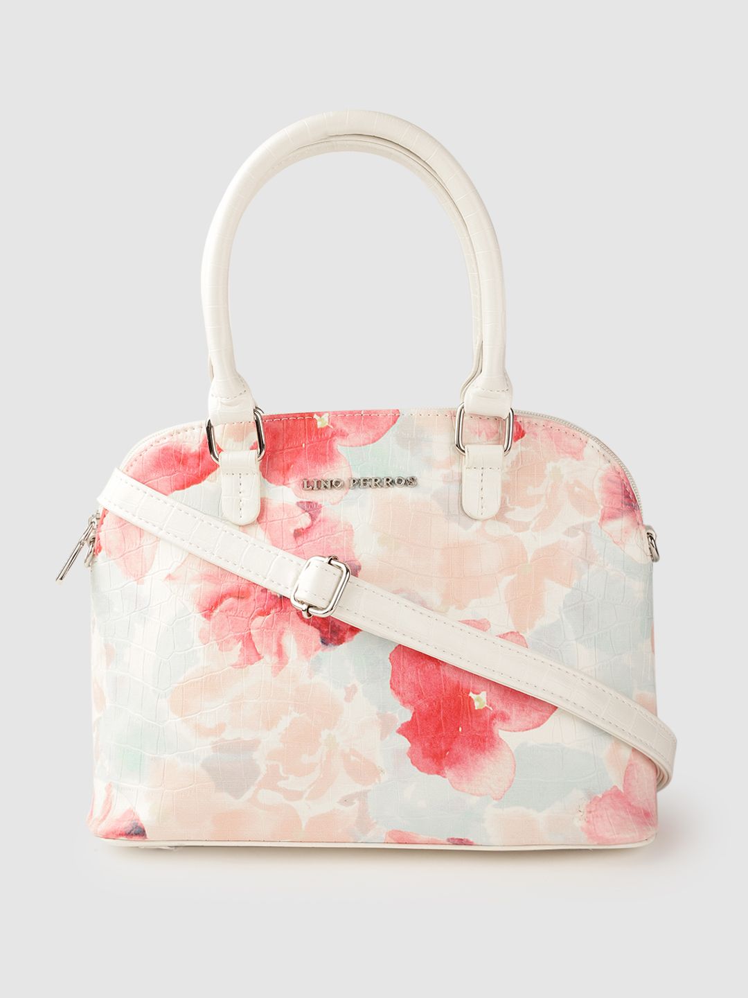 Lino Perros Pink & Off White Floral Printed PU Structured Handheld Bag