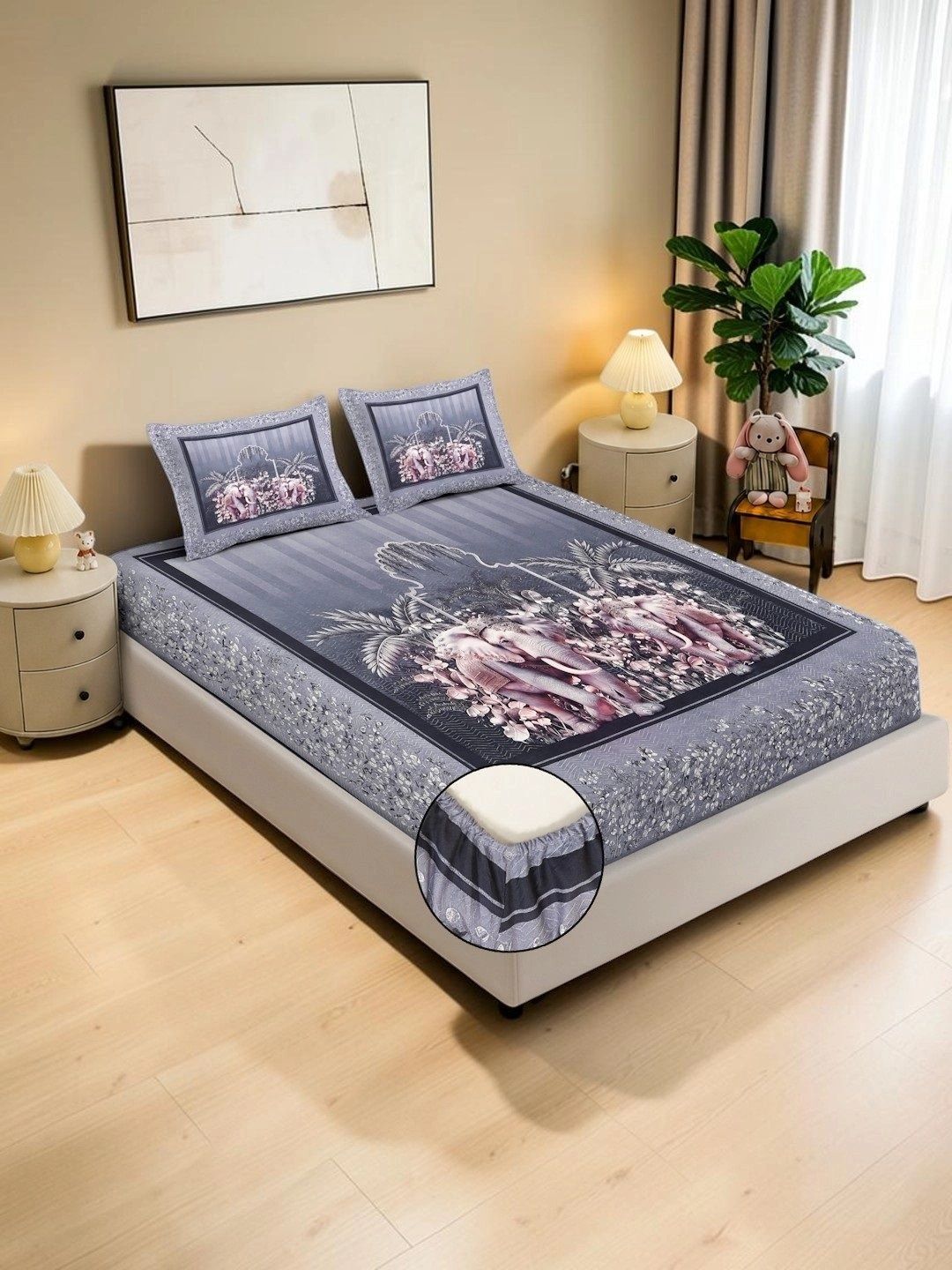 KLOTTHE Grey & Multicoloured 400 TC King Bedsheet with 2 Pillow Covers