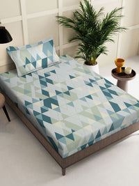 KLOTTHE Teal  Green & Grey Geometric Printed 400 TC Pure Cotton Single Bedsheet Set
