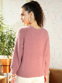 STREET 9 Women Pink & White Typography Printed Pullover with Fuzzy Detail