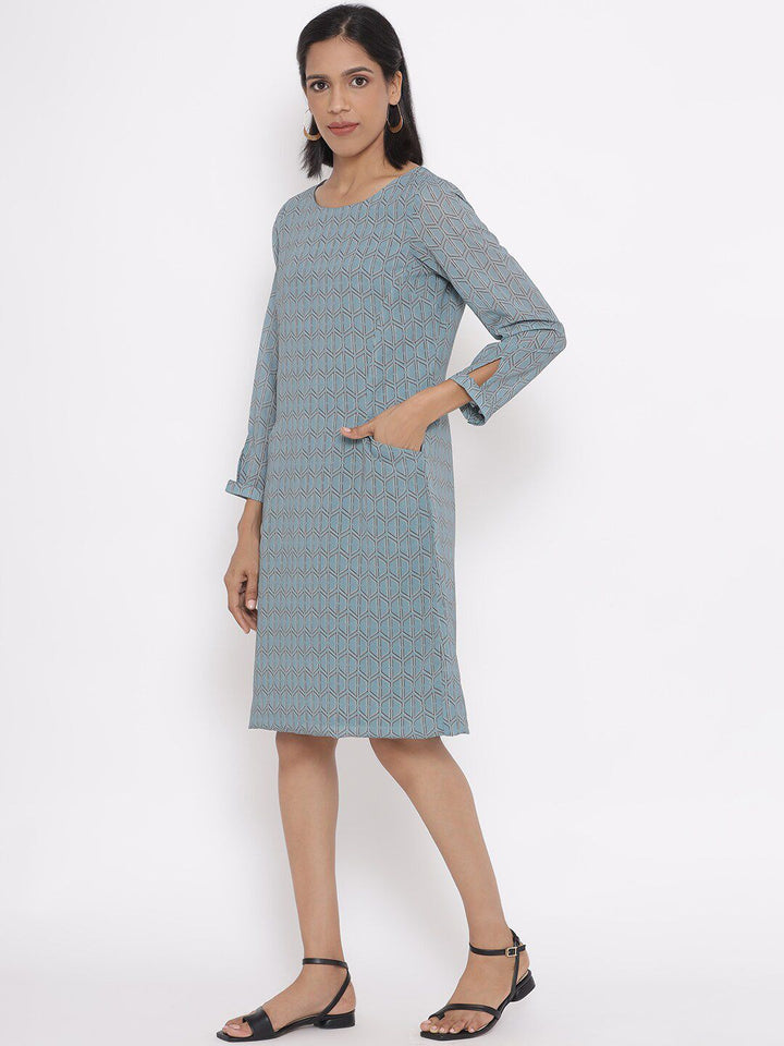W Sea Green Geometric Printed A-Line Dress