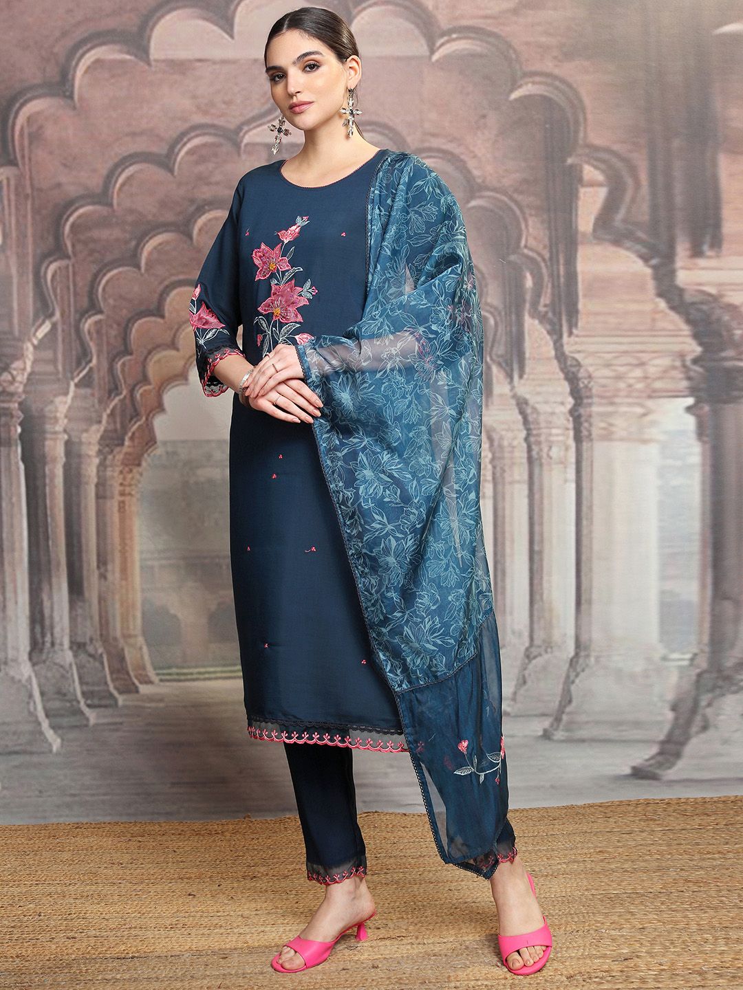 Vishudh Navy Blue Floral Embroidered Thread Work Straight Kurta With Trousers & Dupatta