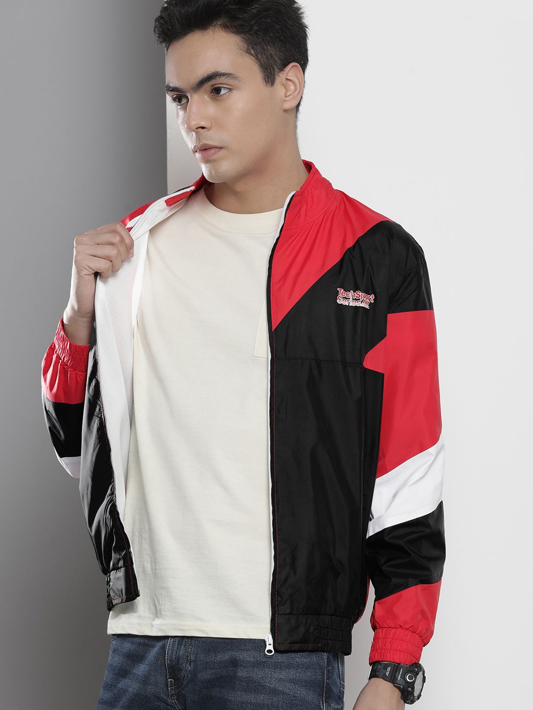 The Indian Garage Co Men Red & Black Colourblocked Outdoor Windcheater Tailored Jacket