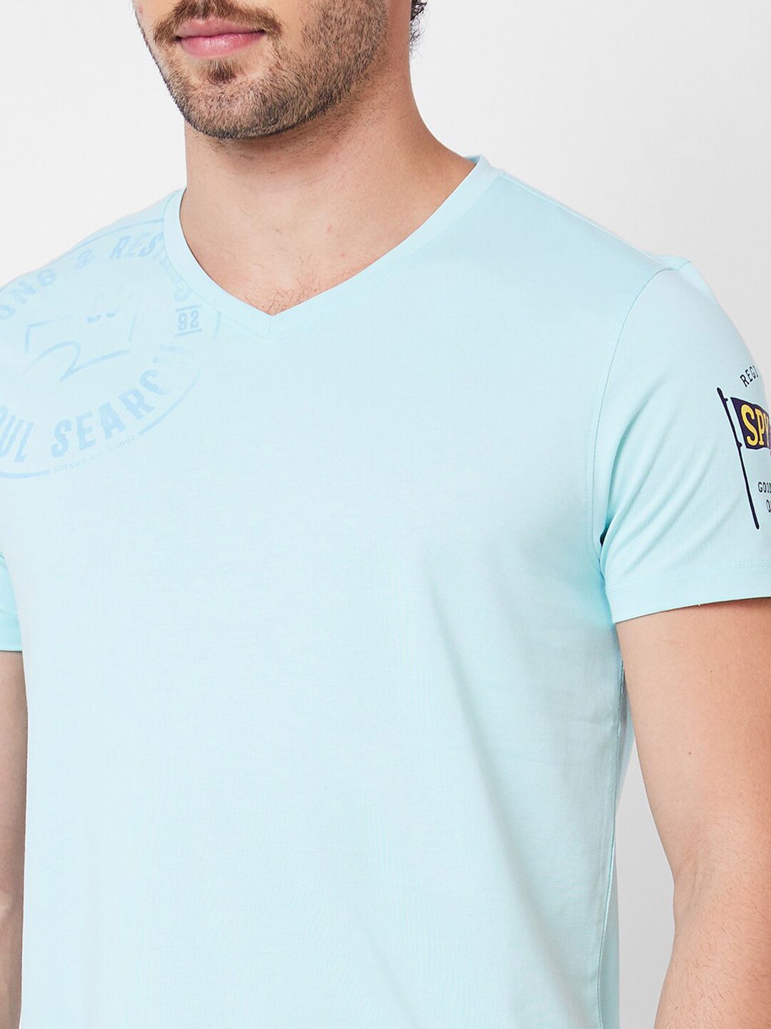 SPYKAR Typography Printed V-Neck Cotton Slim Fit T-shirt