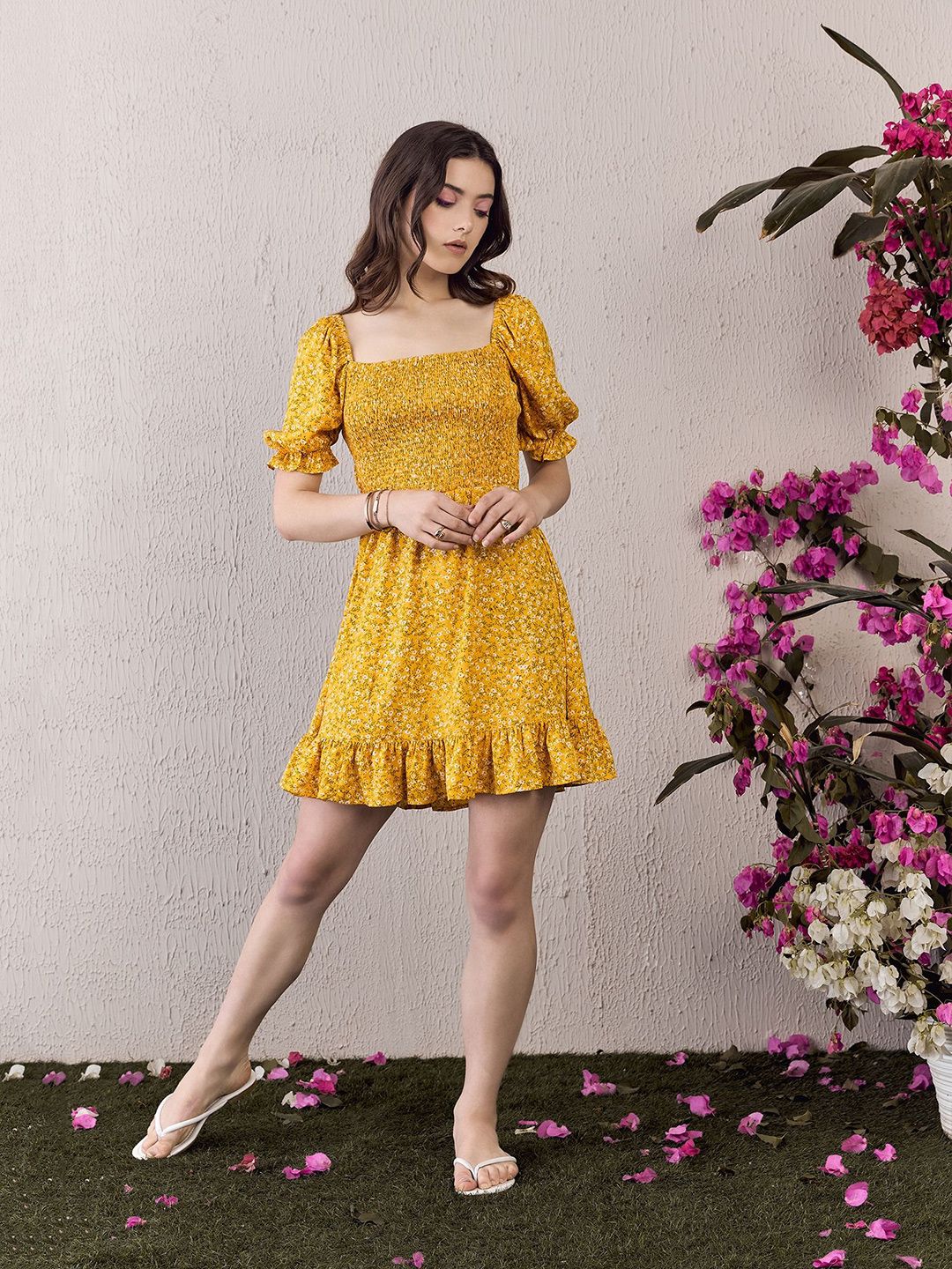 Berrylush Women Floral Print Puff Sleeve Ruffled Fit & Flare Dress