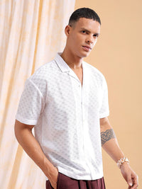 The Indian Garage Co Men Relaxed Fit Solid Warp Knit Lace Resortwear Shirt