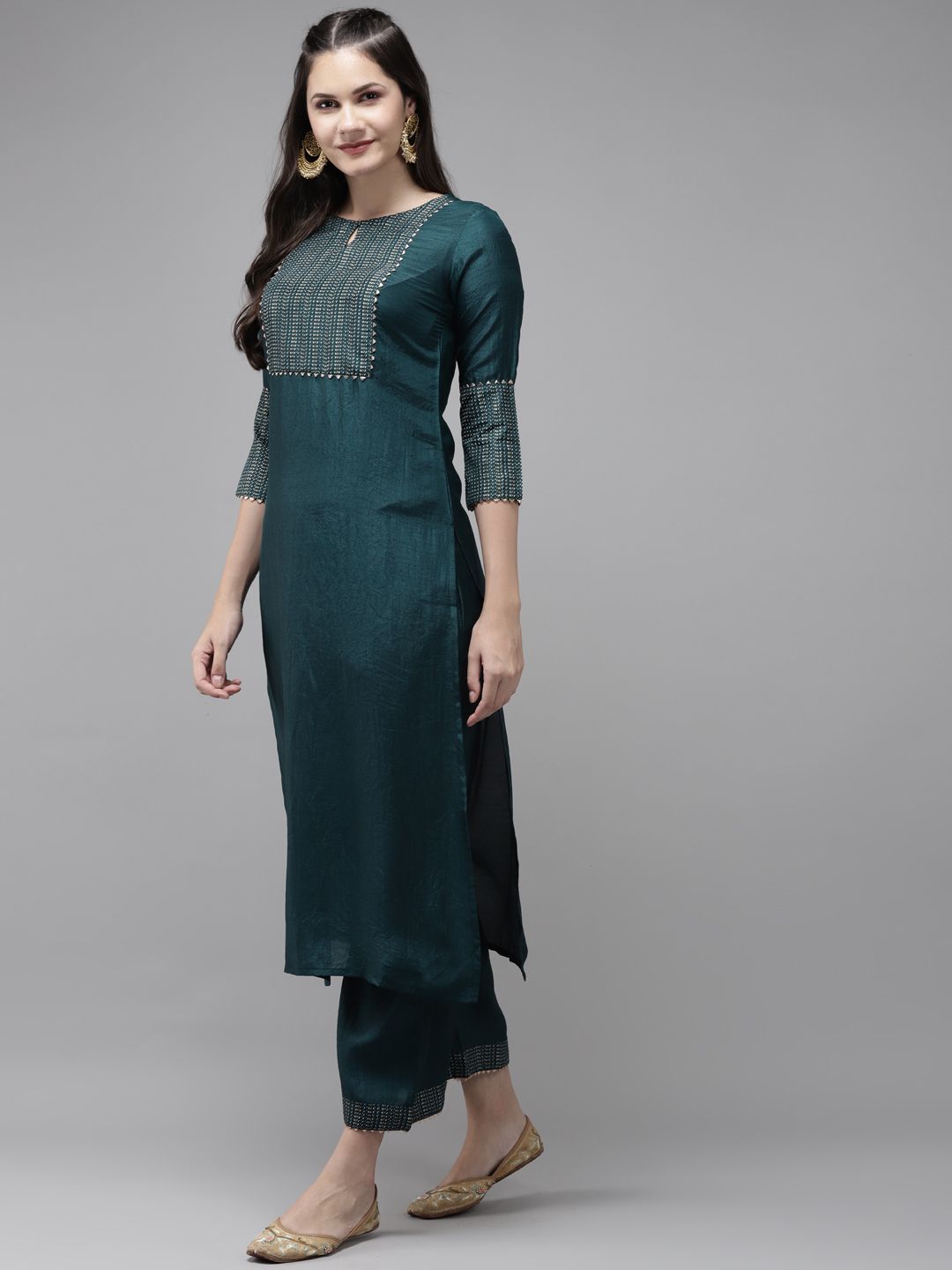 Indo Era Women Teal Green & Golden Yoke Design Kurta with Palazzos & With Dupatta