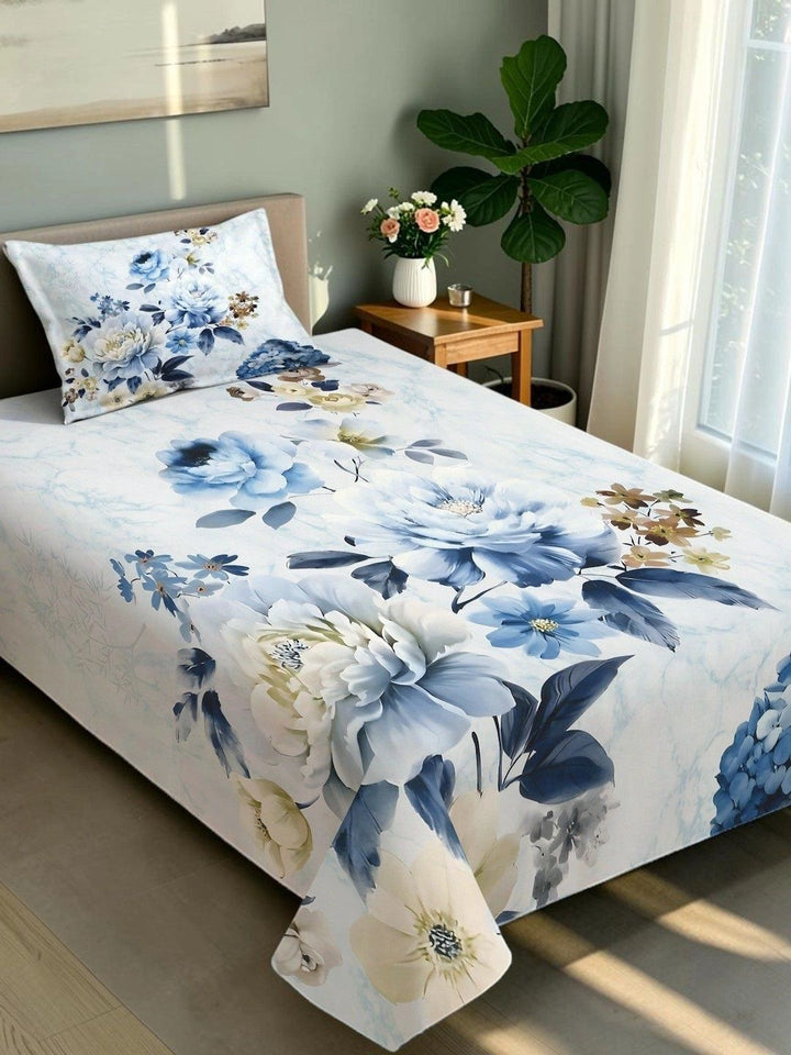 Moda Rapido X KLOTTHE Blue Floral 400 TC Single Bedsheet with 1 Pillow Covers
