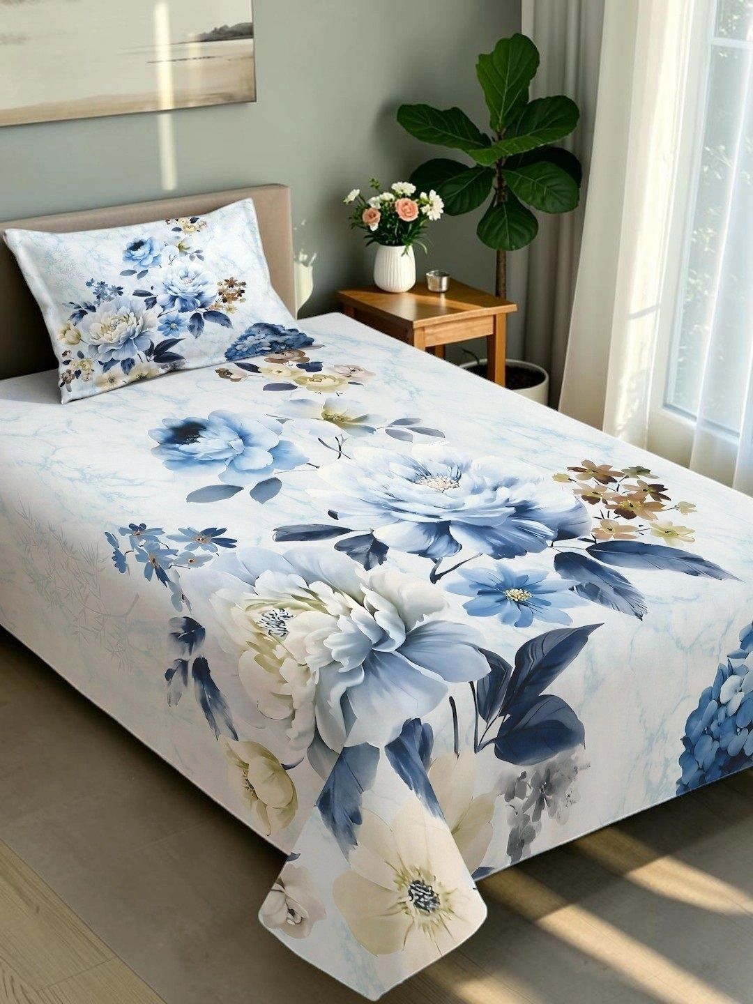 Moda Rapido X KLOTTHE Blue Floral 400 TC Single Bedsheet with 1 Pillow Covers