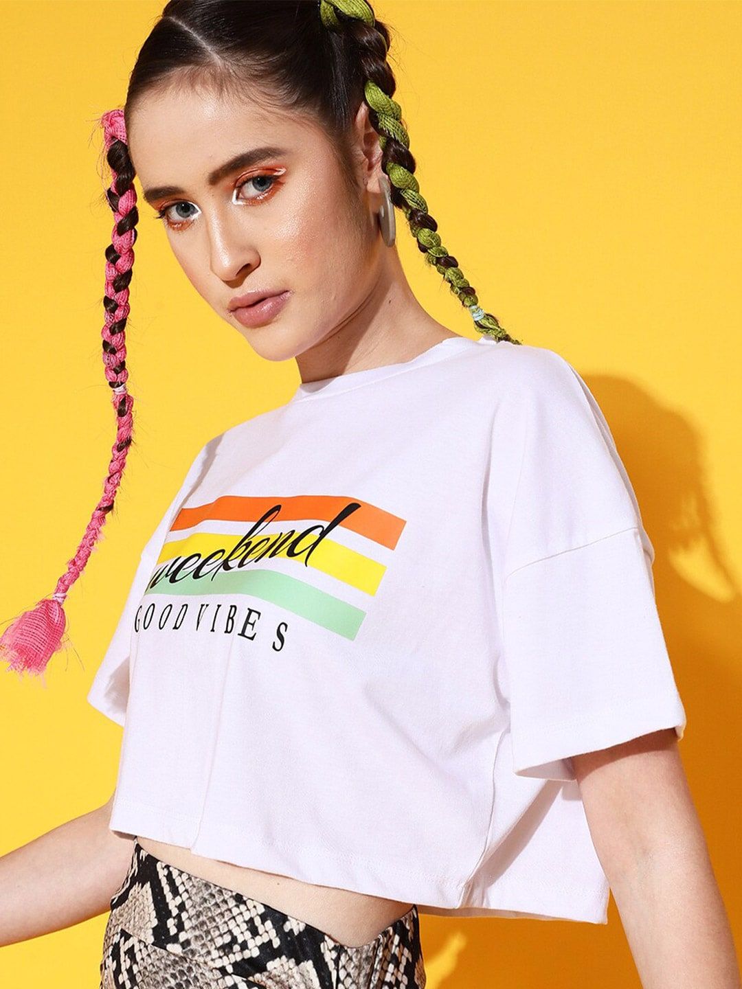 STREET 9 Women White Printed Cotton Drop-Shoulder Sleeves Bio Finish T-shirt