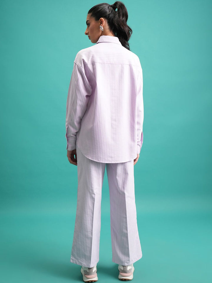 Tokyo Talkies Purple Striped Cotton Shirt With Trouser Co-Ords