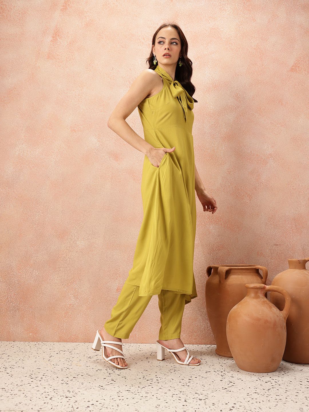 all about you Tie-Up Detail Halter Neck Empire-Style A-Line Kurta with Trousers