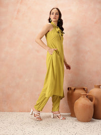 all about you Tie-Up Detail Halter Neck Empire-Style A-Line Kurta with Trousers