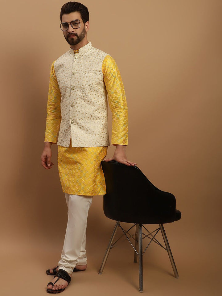 SOJANYA Geometric Embroidered Regular Kurta With Churidar & Nehru Jacket