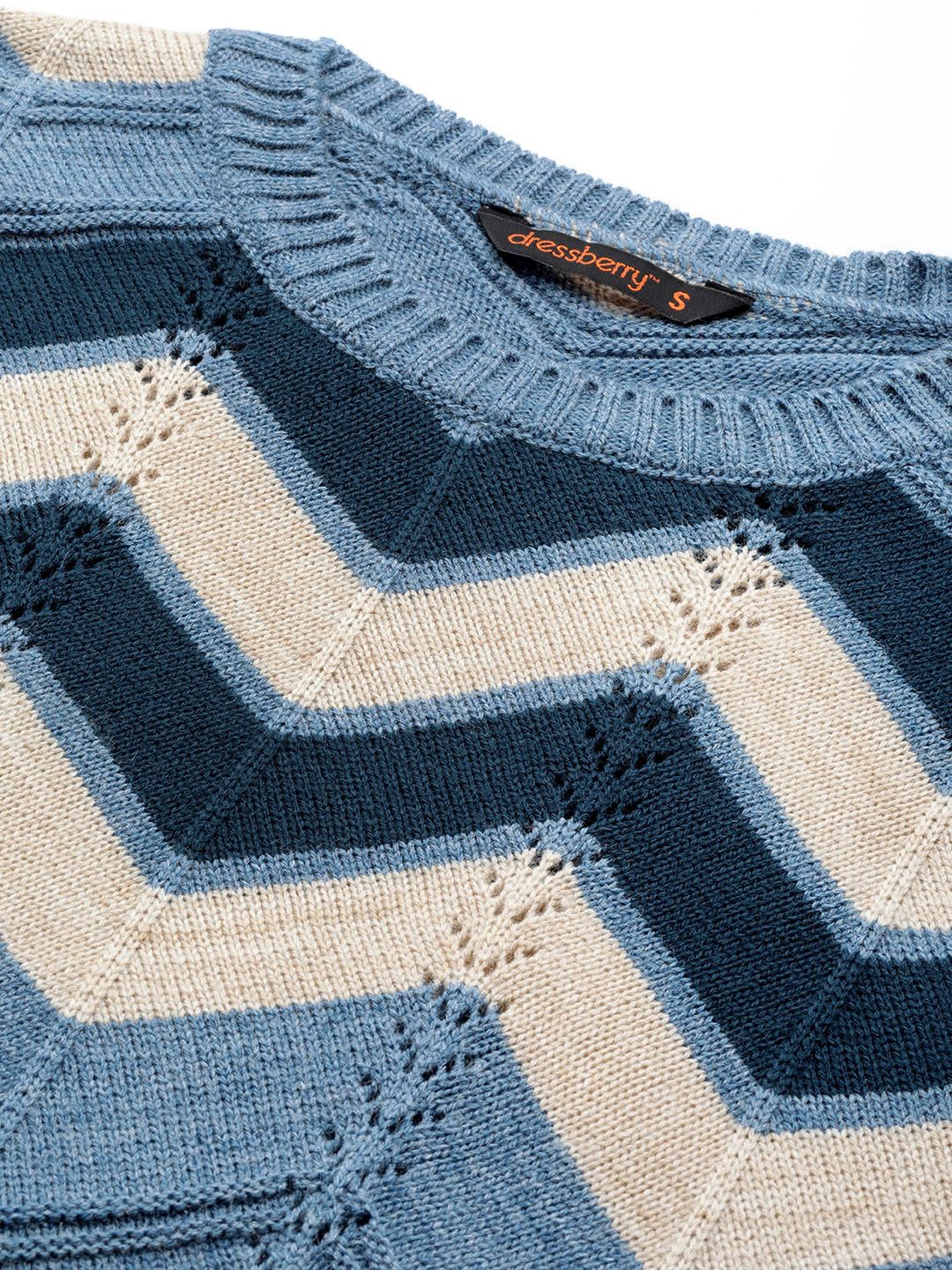 DressBerry Women Navy Blue & Beige Chevron Pullover Sweater
