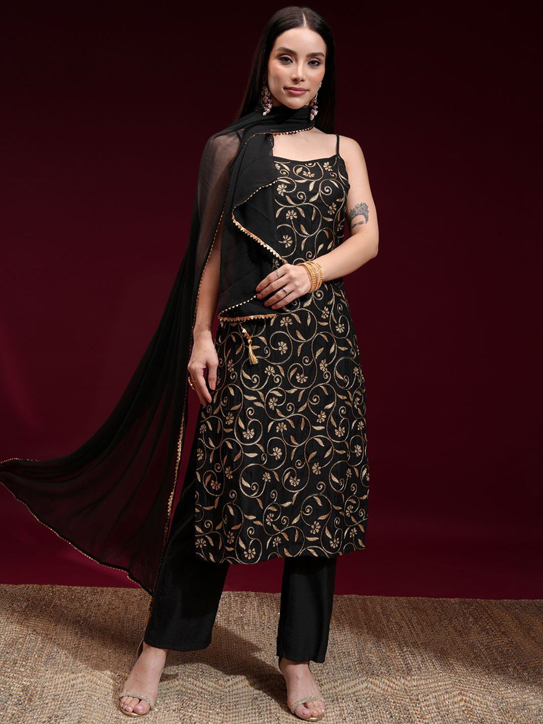 Vishudh Women Embroidered Kurta with Elasticated Pants and Dupatta