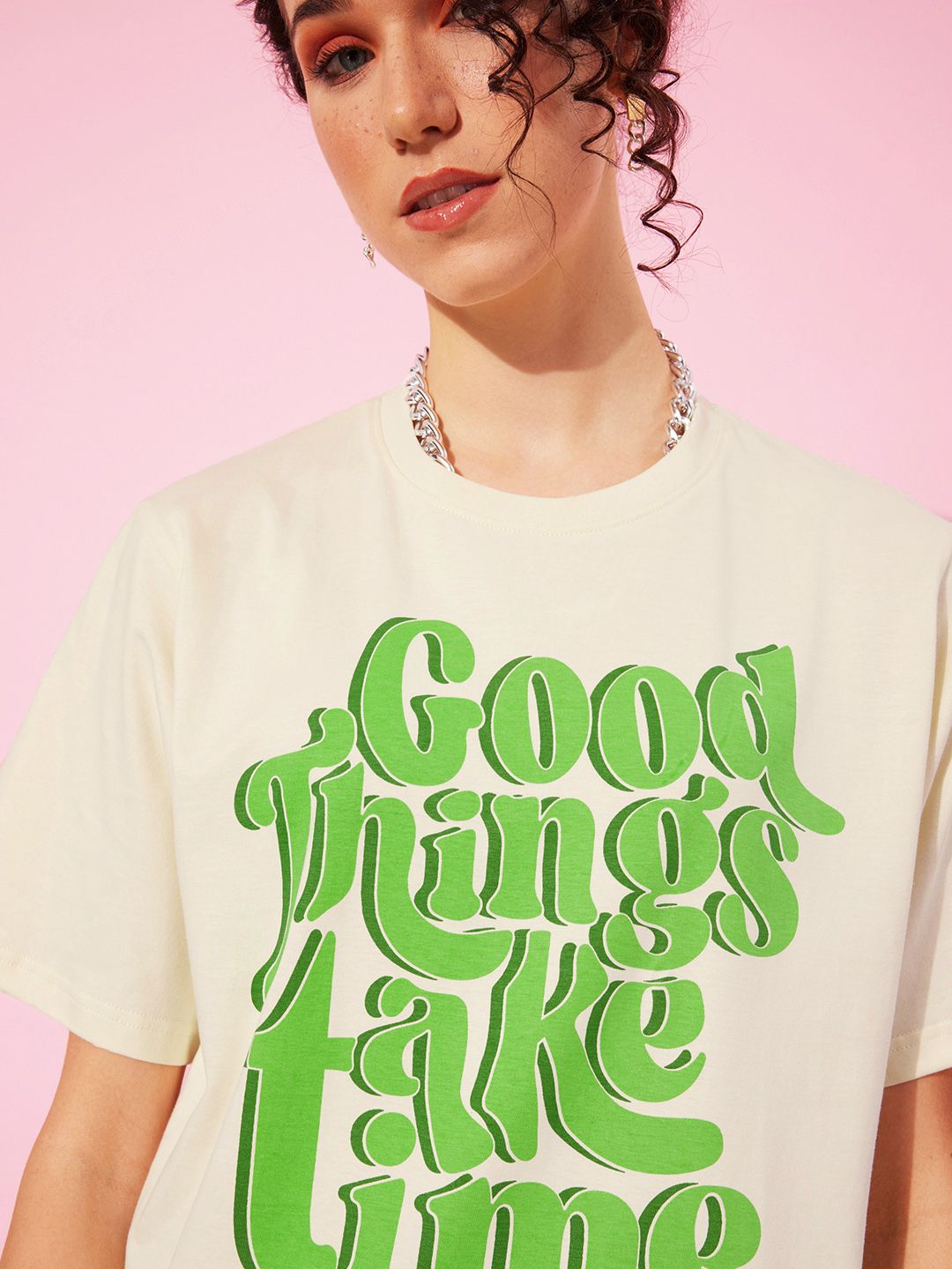 DILLINGER Off White & Green Typography Printed Oversized Pure Cotton Longline T-shirt