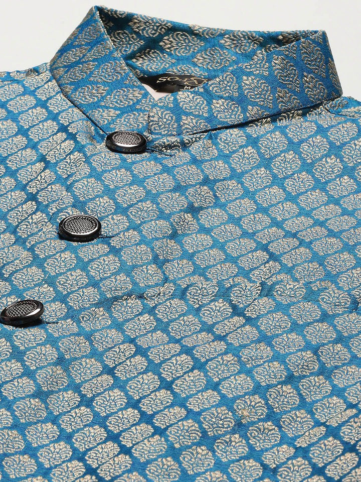 SOJANYA Men Pink Chikankari Pure Cotton Kurta with Churidar & Nehru Jacket