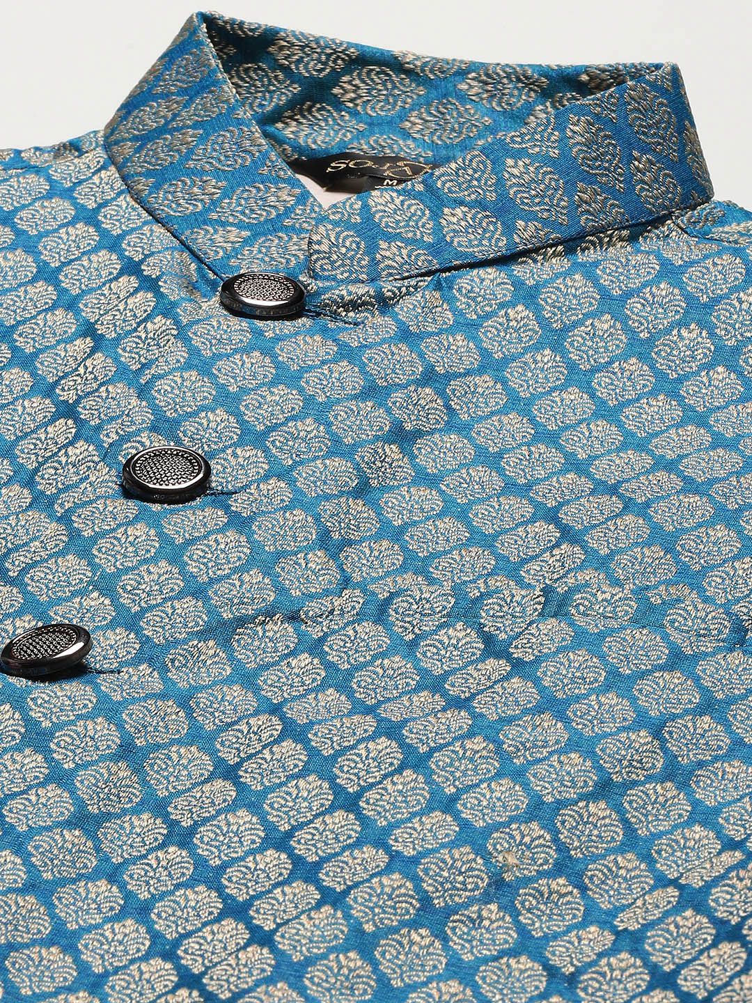 SOJANYA Men Pink Chikankari Pure Cotton Kurta with Churidar & Nehru Jacket