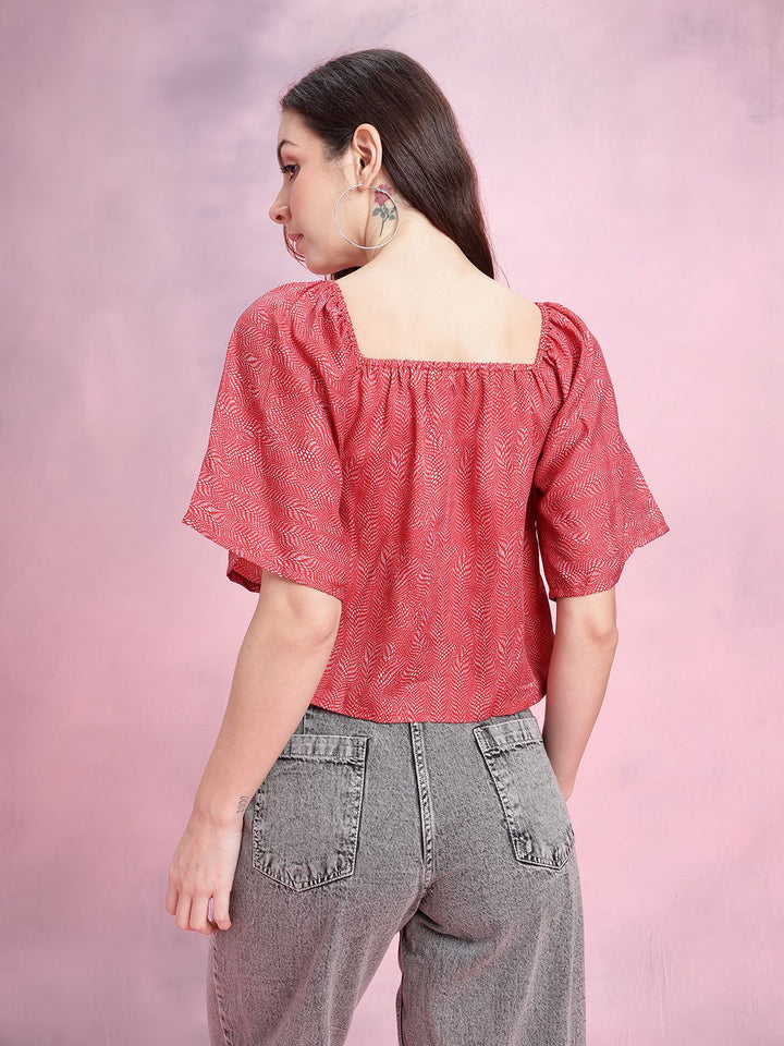 DressBerry Abstract Print Puff Sleeves Square Neck Button-Up Top