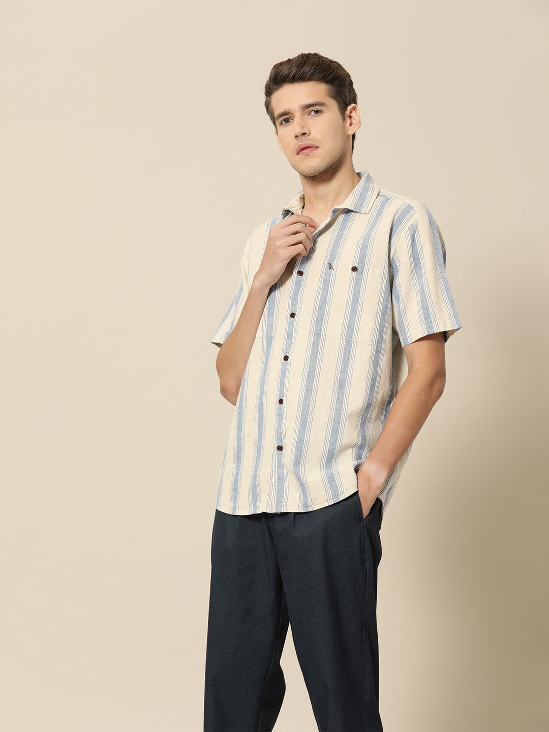 Mr Bowerbird Men Beige & Blue Striped Casual Shirt