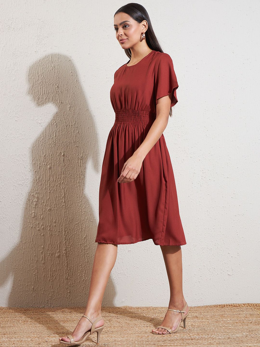 DENNISON Rust Crepe Fit & Flare Smocked Dress