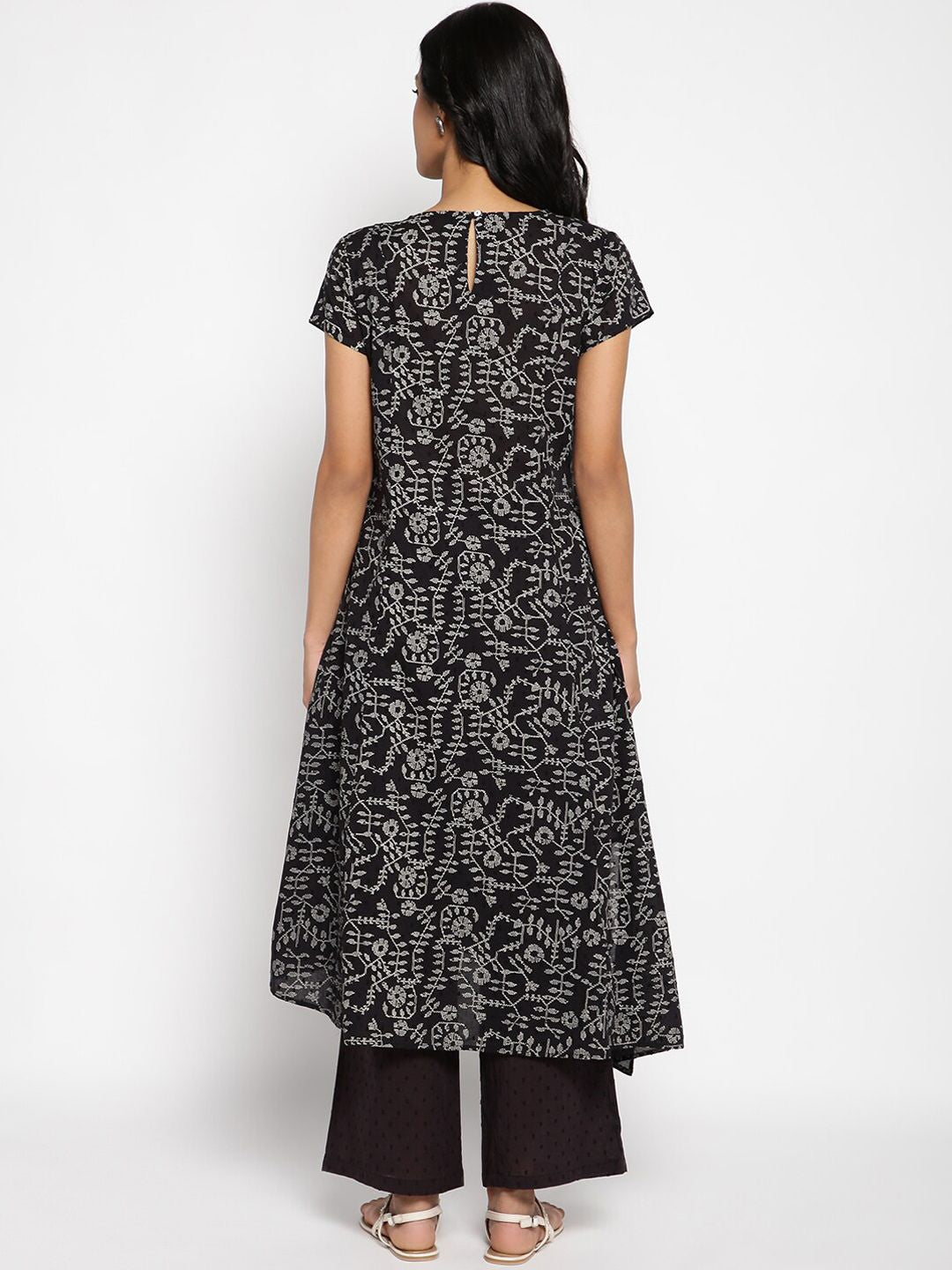 W Women Black Printed High-Low Hem Cotton Kurta