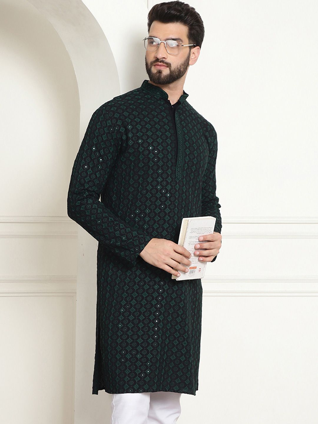 SOJANYA Ethnic Motifs Embroidered Mandarin Collar Sequined Pure Cotton Straight Kurta