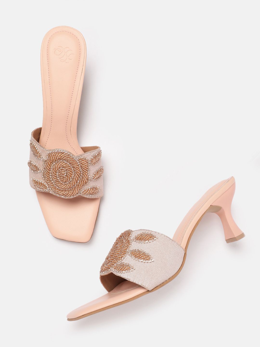 House of Pataudi Floral Sequin Embellished Kitten Heels