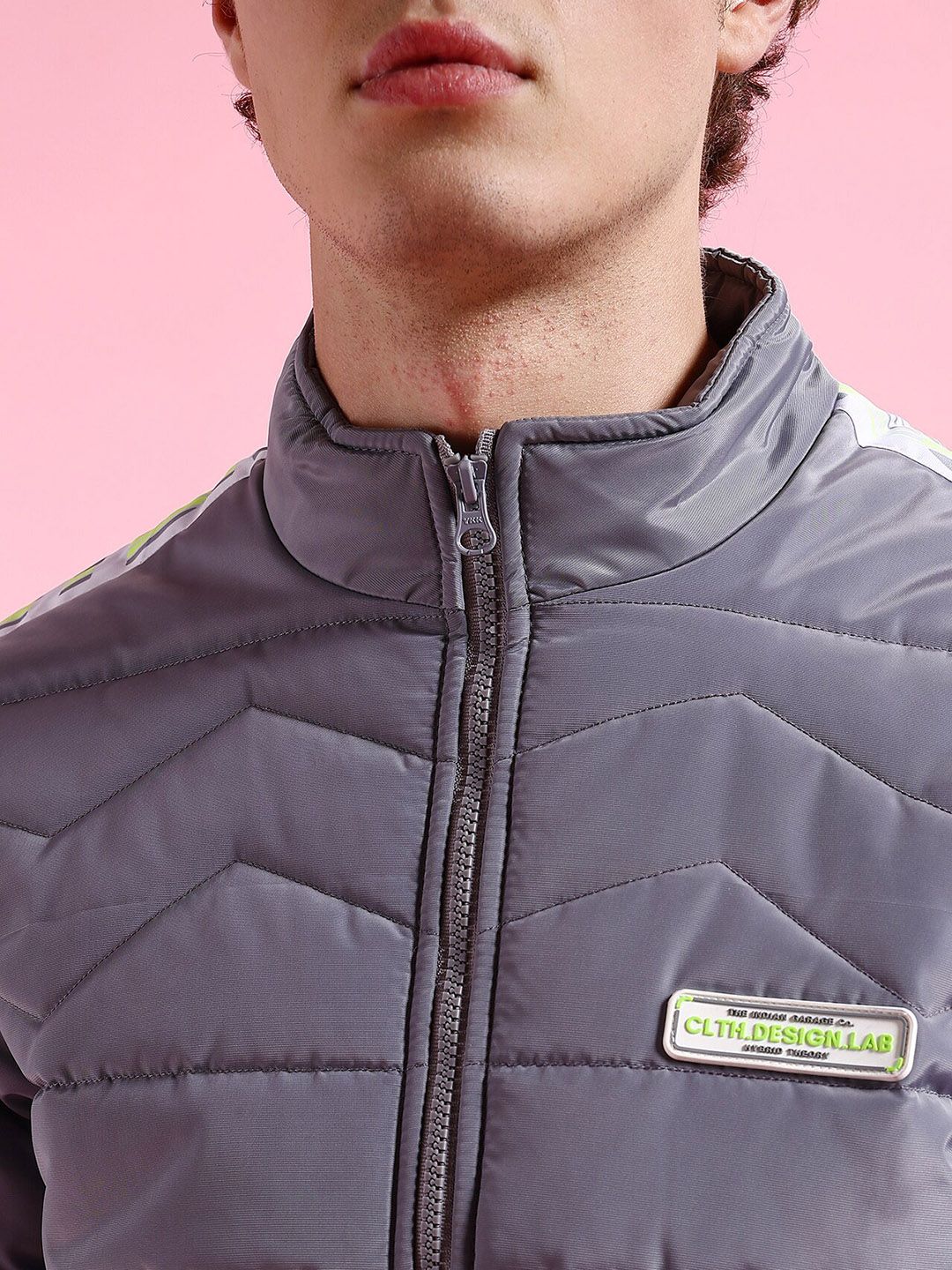 The Indian Garage Co Grey Striped Stand Collar Padded Jacket
