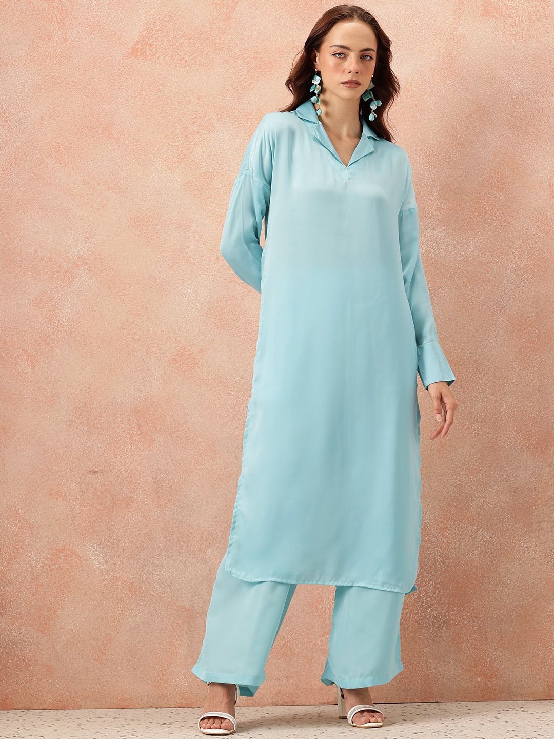 all about you Notched Lapel Collar Drop-Sleeves Satin Straight Kurta with Palazzos
