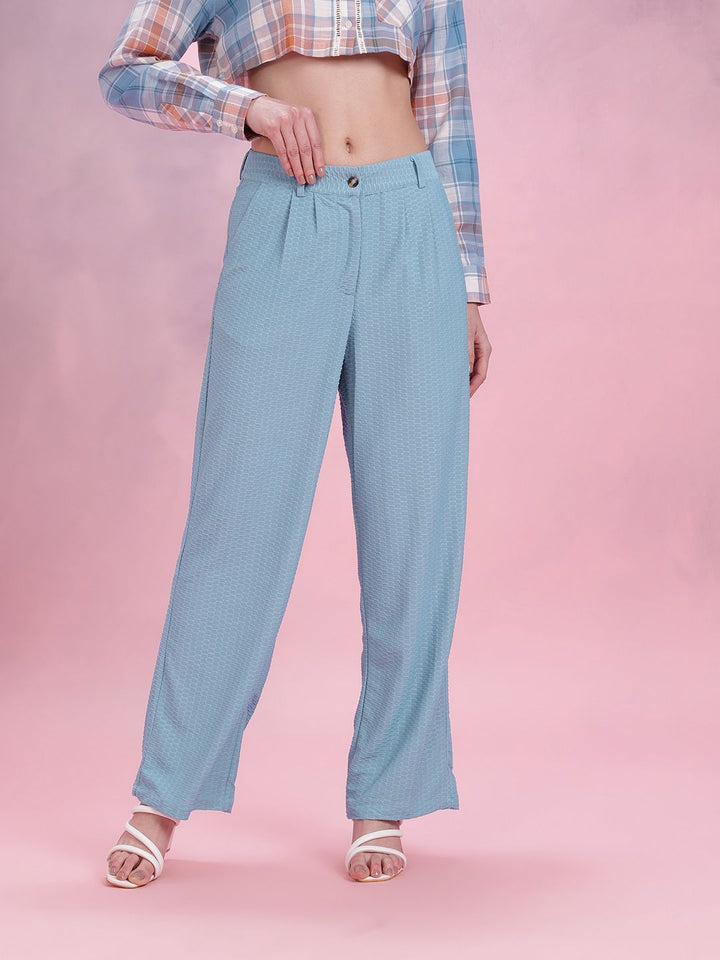 DressBerry Women Geometric Textured Pleated Detail Flared Fit Wide Leg Trousers