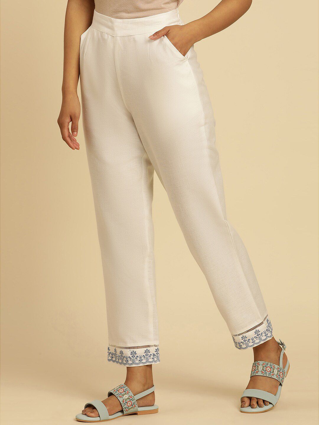 W Women Off White Straight Fit Ethnic Trouser