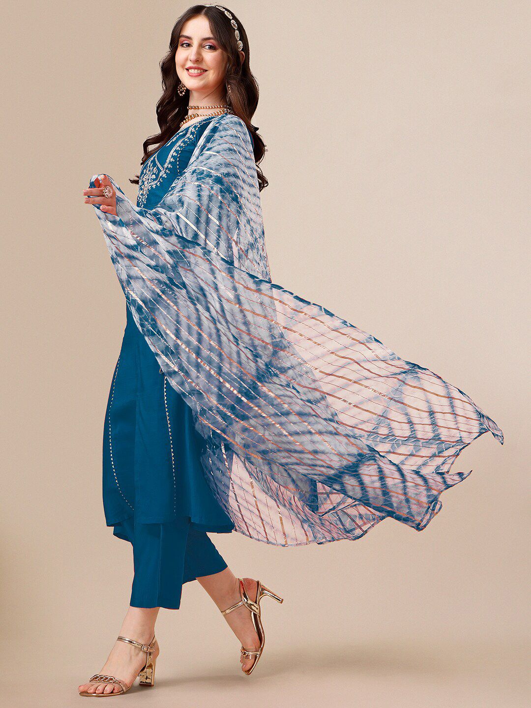 KALINI Ethnic Motifs Yoke Design Thread Work Detail A-Line Kurta & Trouser With Dupatta