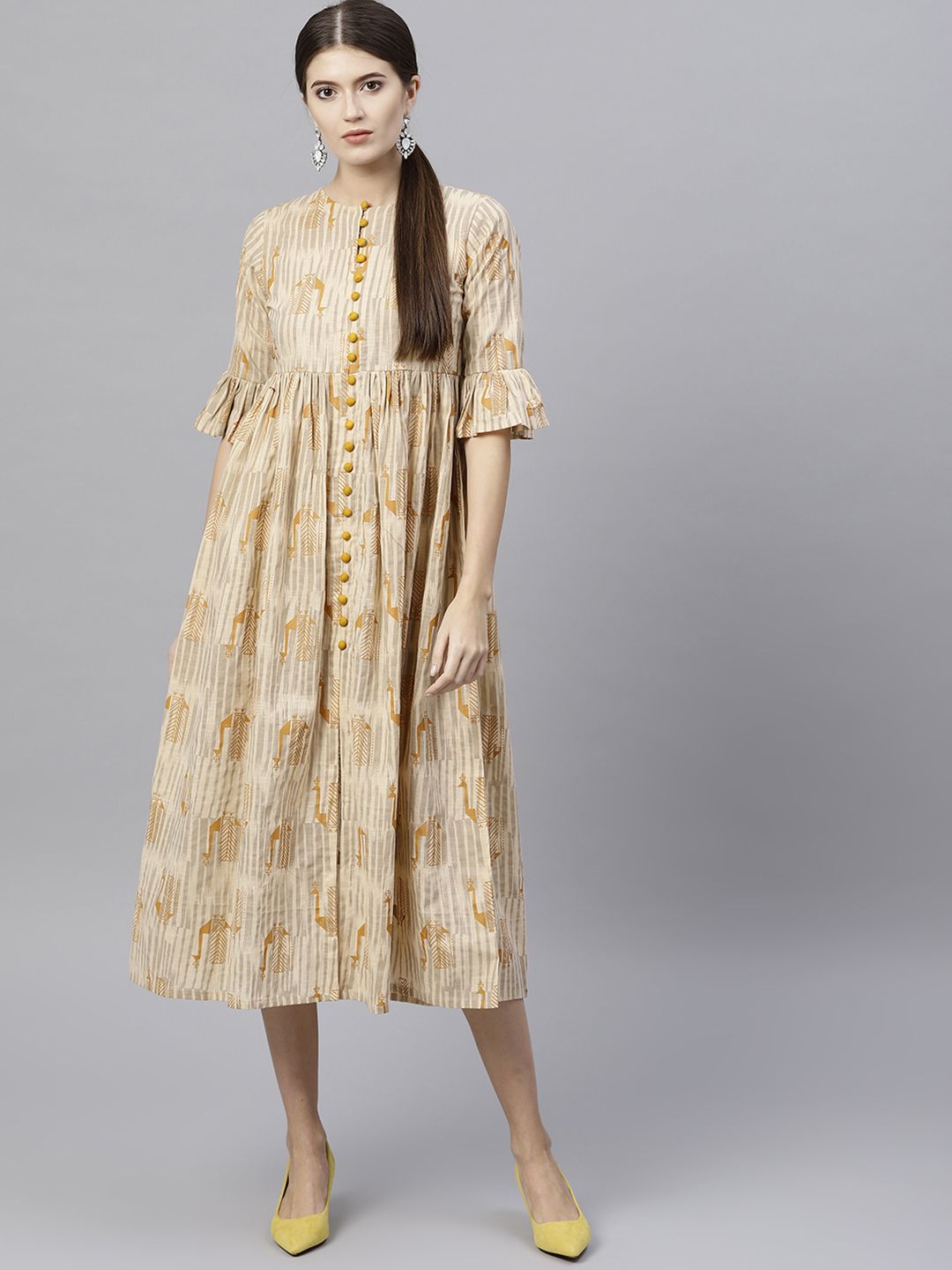 Gerua By Libas Women Beige Printed Midi Empire Dress