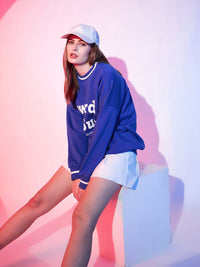 STREET 9 Blue Typography Printed Drop Shoulder Pullover Fleece Sweatshirt