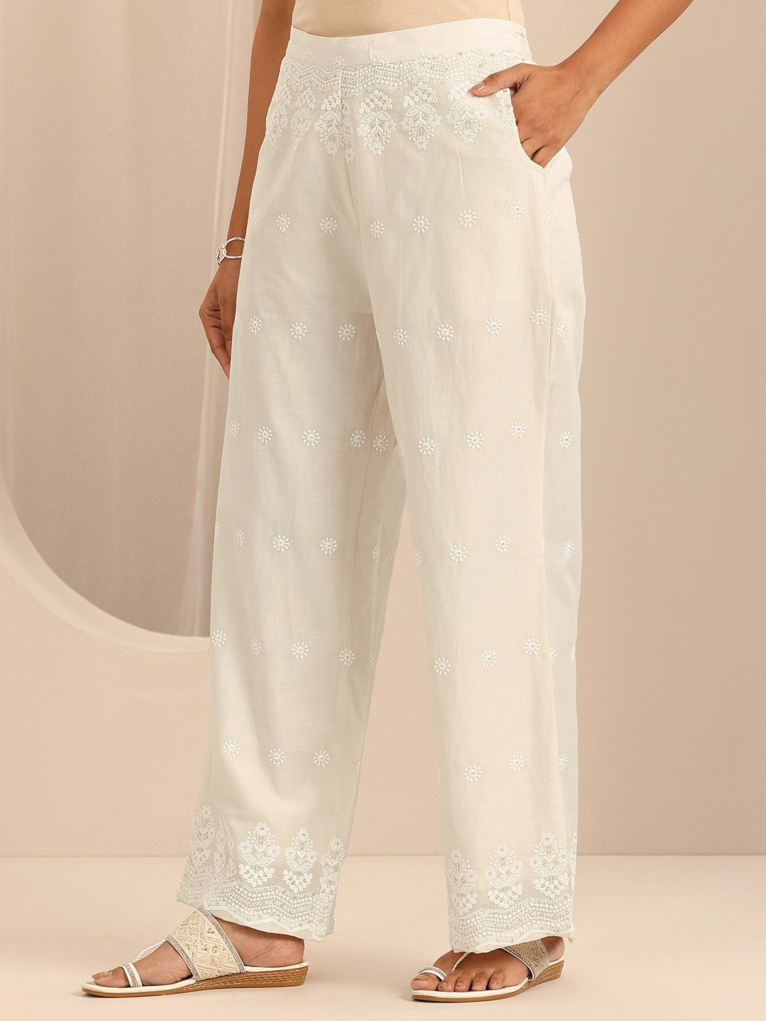 Libas Cotton Embroidered Round neck  Tunic Top and Slip on Palazzo