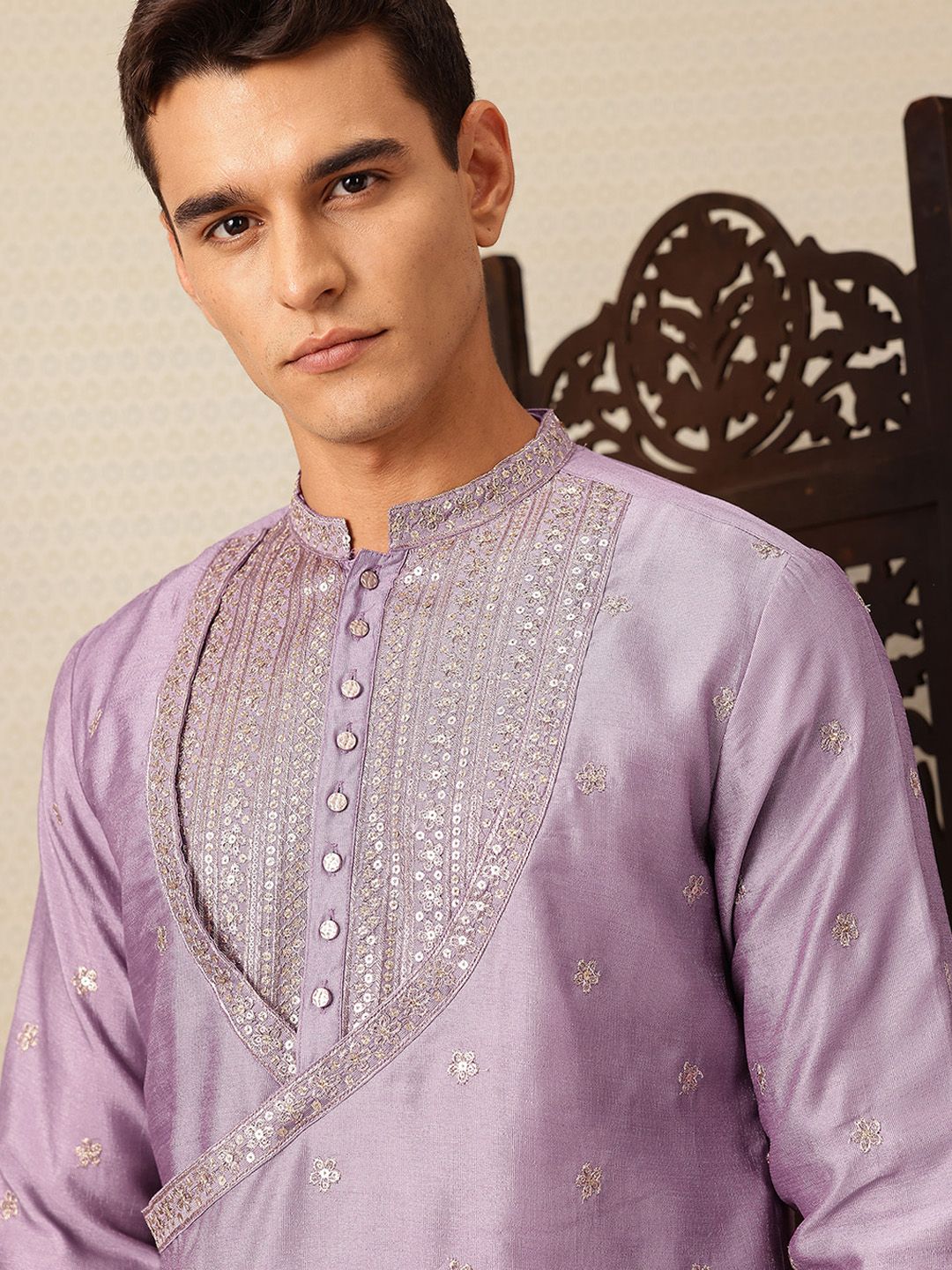 House of Pataudi  Floral Yoke Design Angrakha Sequinned Jashn Kurta with Salwar