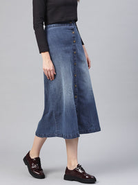 SASSAFRAS Blue Washed Midi Denim Pure Cotton A-Line Skirt