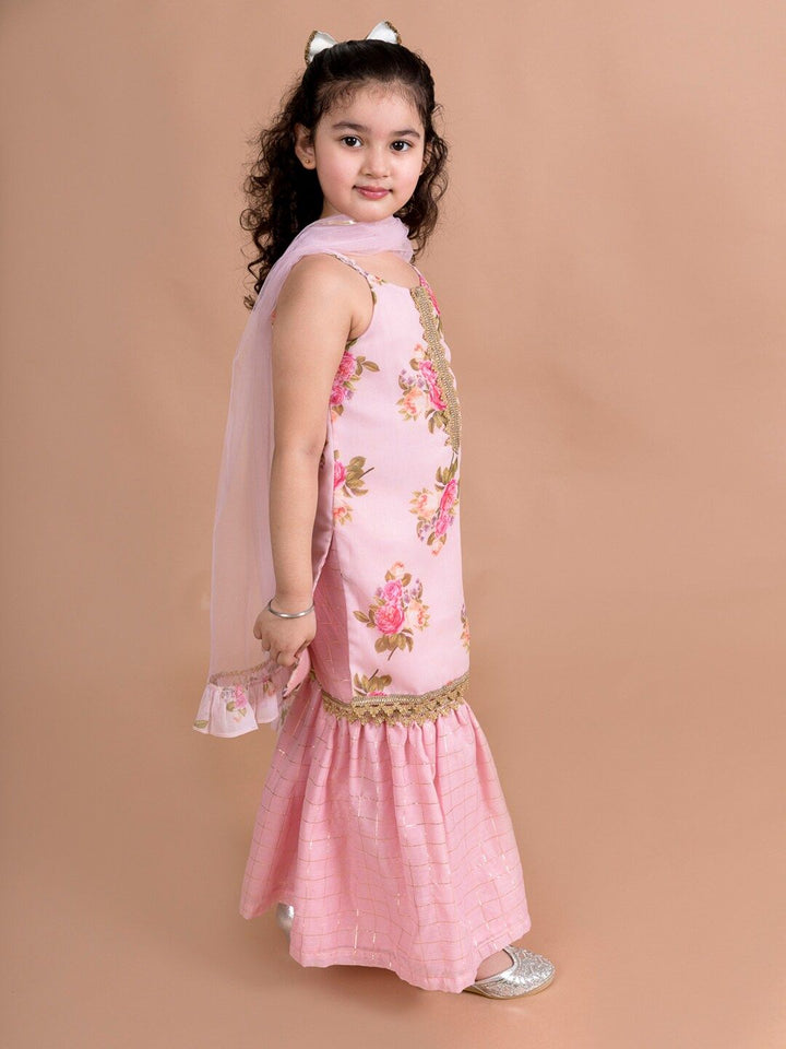 pspeaches Girls Pink Floral Printed Kurti with Sharara & With Dupatta